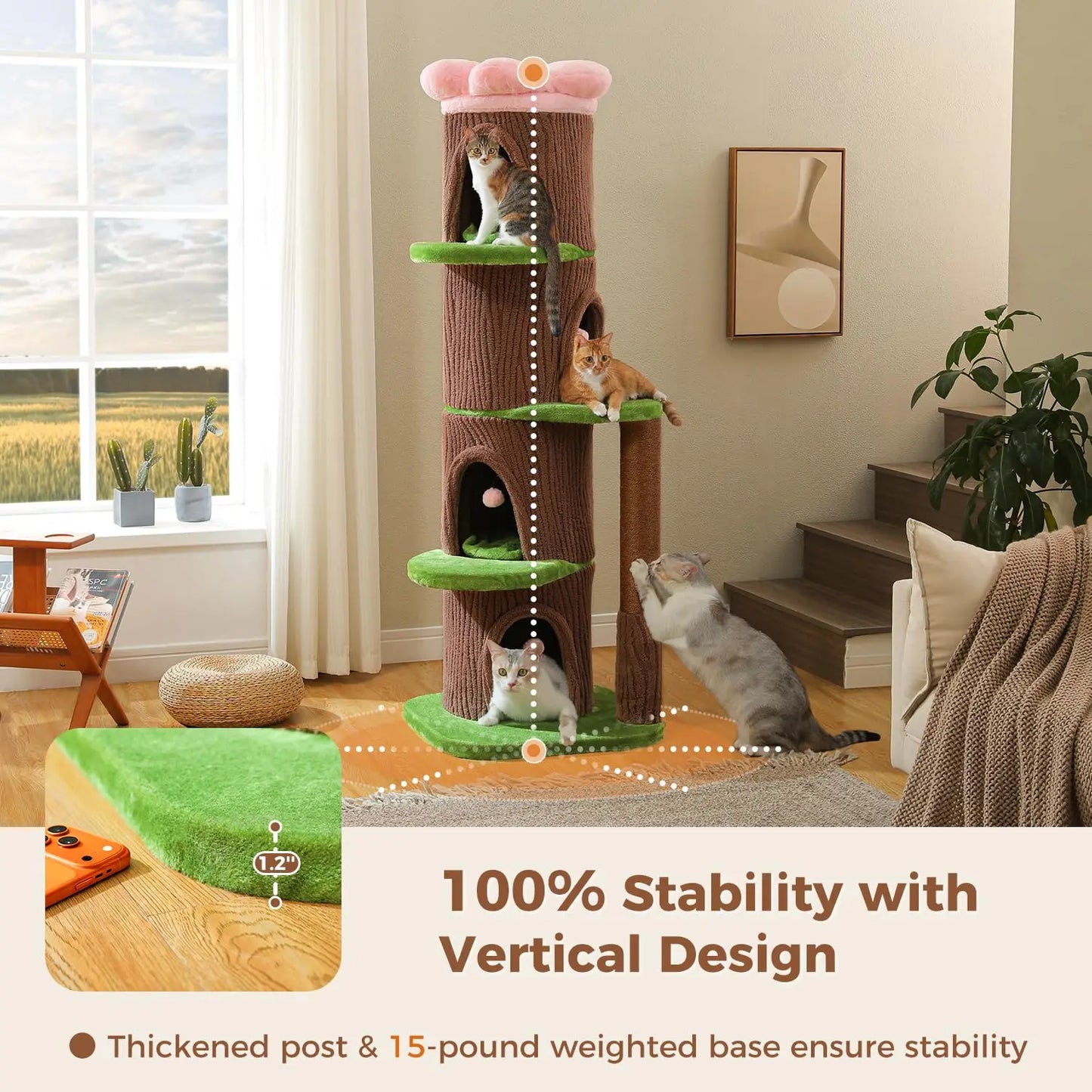 68.5" Cat Tree Tower with 4 Condos & Flower Top Bed, 3.8in Sisal Post, Heavy Duty, Multi-cat, Brown, Customized