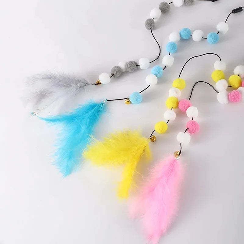 Interactive Cat Toy Pompom Feather Wand Teaser Stick for Indoor Cats Kitten Play Exercise