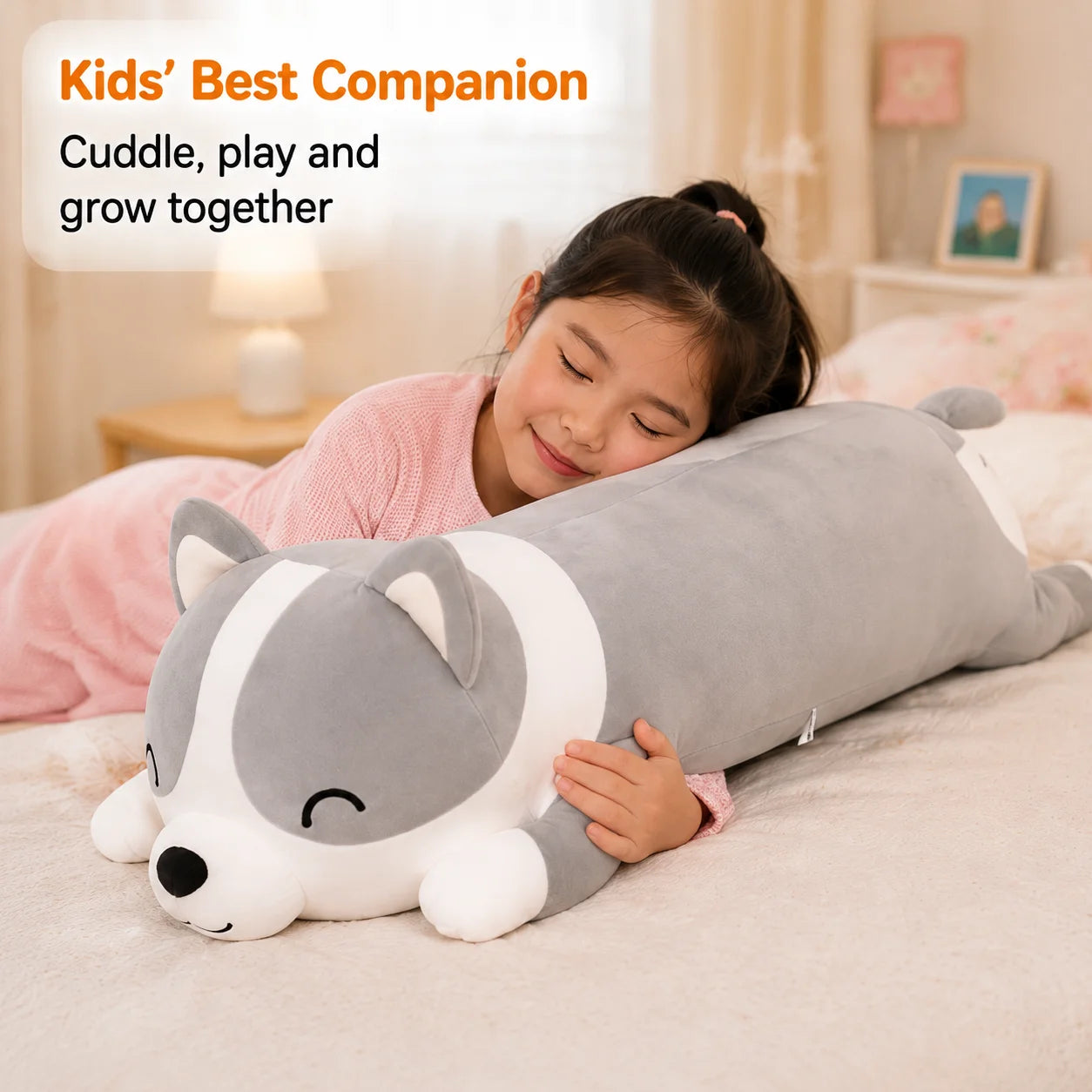 Wholesale 24''/39'' Grey Corgi Plush Pillow Laying Down, Bulk Stuffed Dog with Sassy Face, Soft Kawaii Long Cushion, 2/3/5 Packs for Resellers