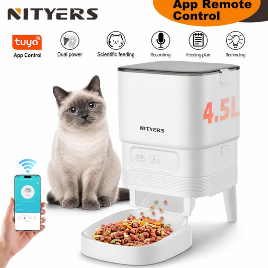 NITYERS 4.5L Smart Automatic Cat Feeder, Tuya App Remote Control Timed Pet Feeder for Cats & Dogs, 2.4G WiFi Dispenser with 10s Voice Recorder, Dual Power & Stainless Steel Bowl