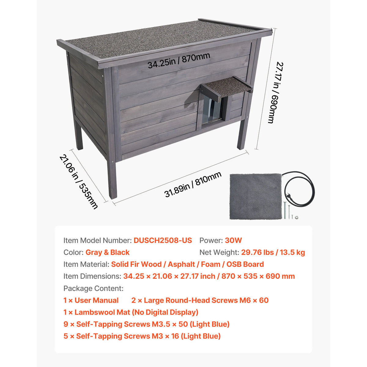 SucceBuy Heated Cat House Insulated Wooden House for Outdoor Cats with Heating Pad Openable Asphalt Roof for 1-3 Cats in Winter
