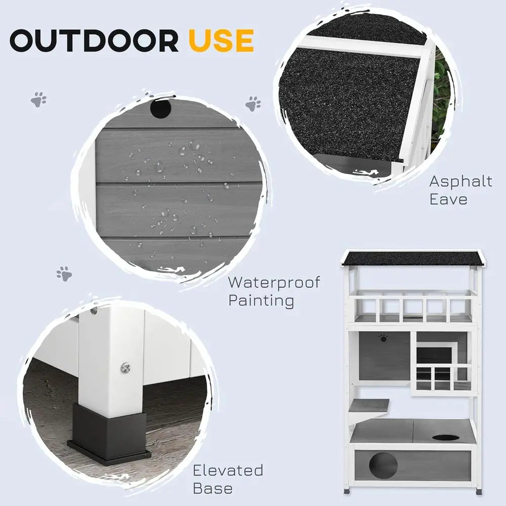 Gray Outdoor Cat Shelter with Roof, Condo, and Jumping Platform