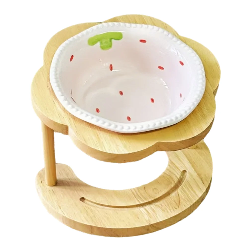 Anti Vomiting Ceramic Cat Bowl 15 Degree Inclined Anti Slip Cat Feeding Station Flower Shaped with Wooden Stand