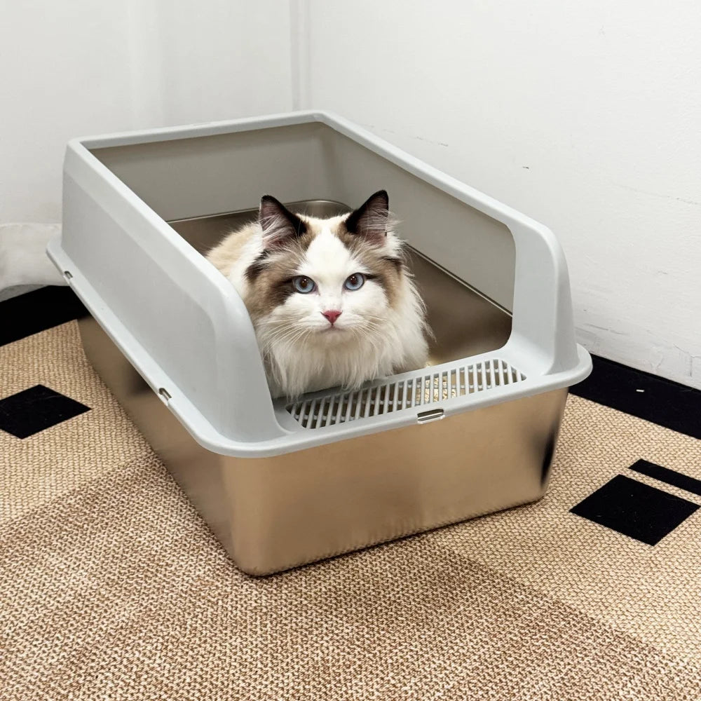 Stainless Steel Cat Litter Box Semi Open High Sided Cat Litter Pan Easy Clean