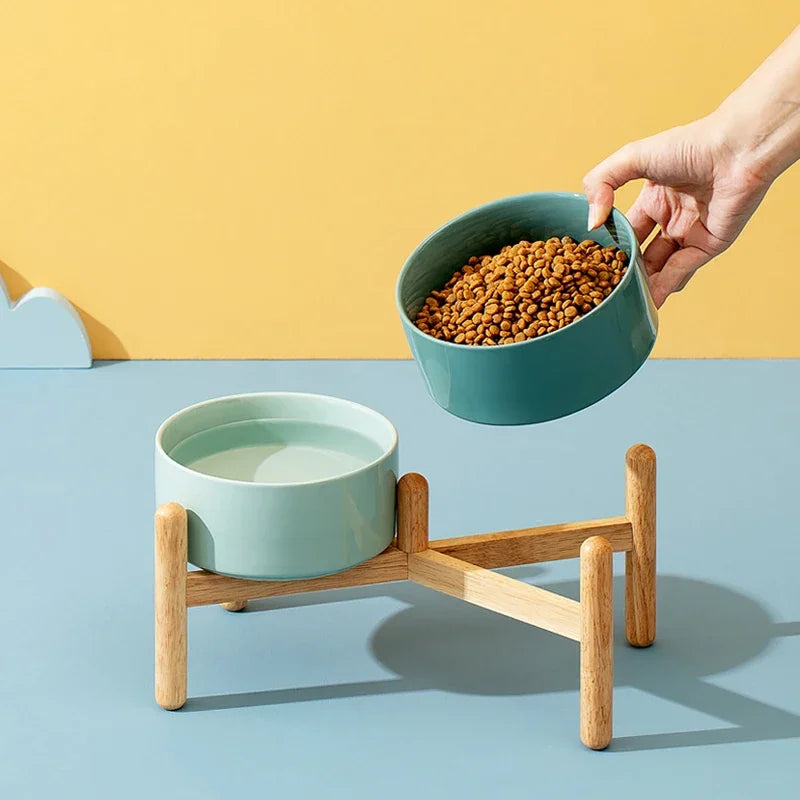 Big Dogs Bowl Double Ceramic Elevated Pet Food Water Bowl Small Medium Large Dog Feeding Supplies with Wooden Stand