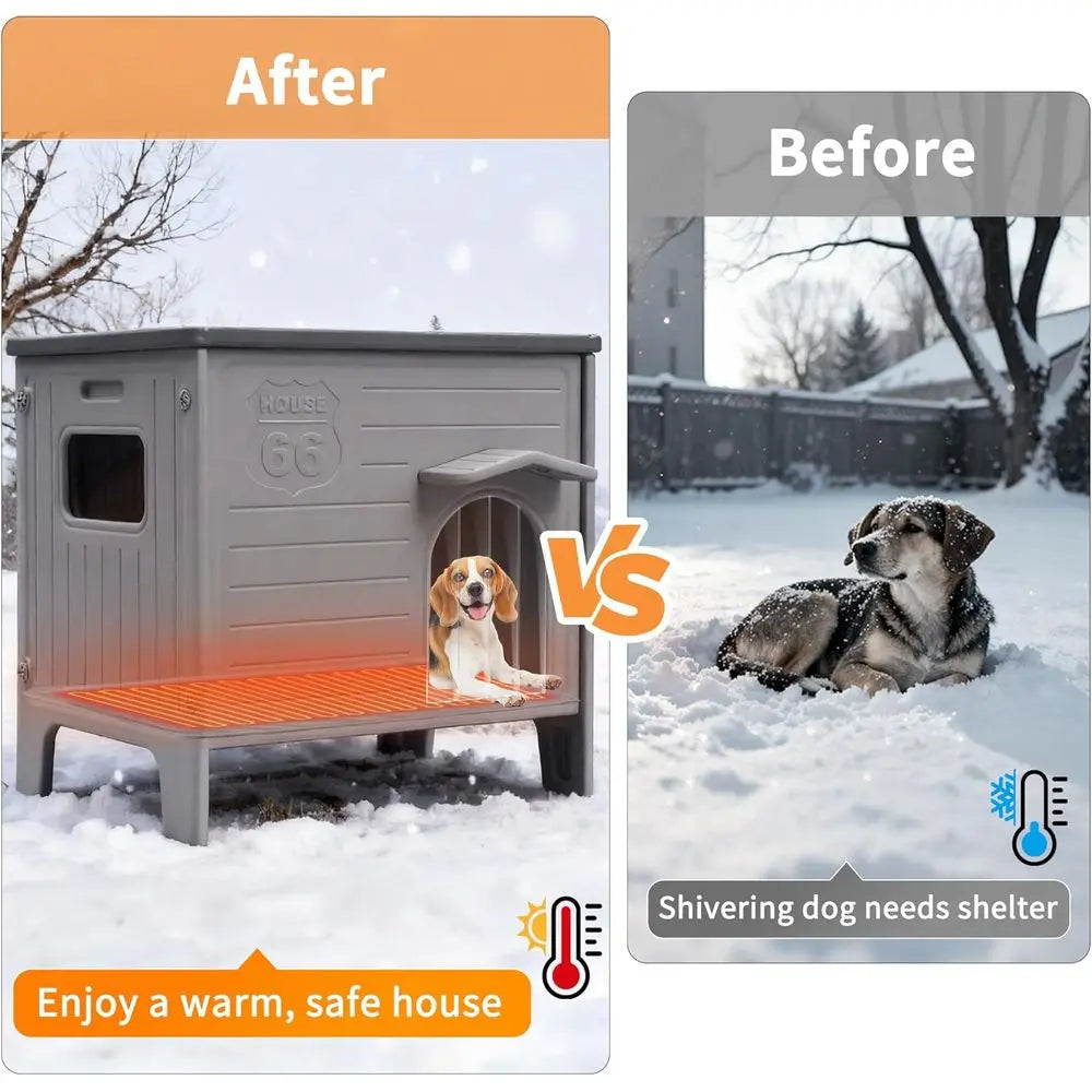 Heated Dog House Outdoor Indoor for Small Medium Dogs, Insulated Dog House with Heating Pad, Plastic Elevated Outdoor Dog House