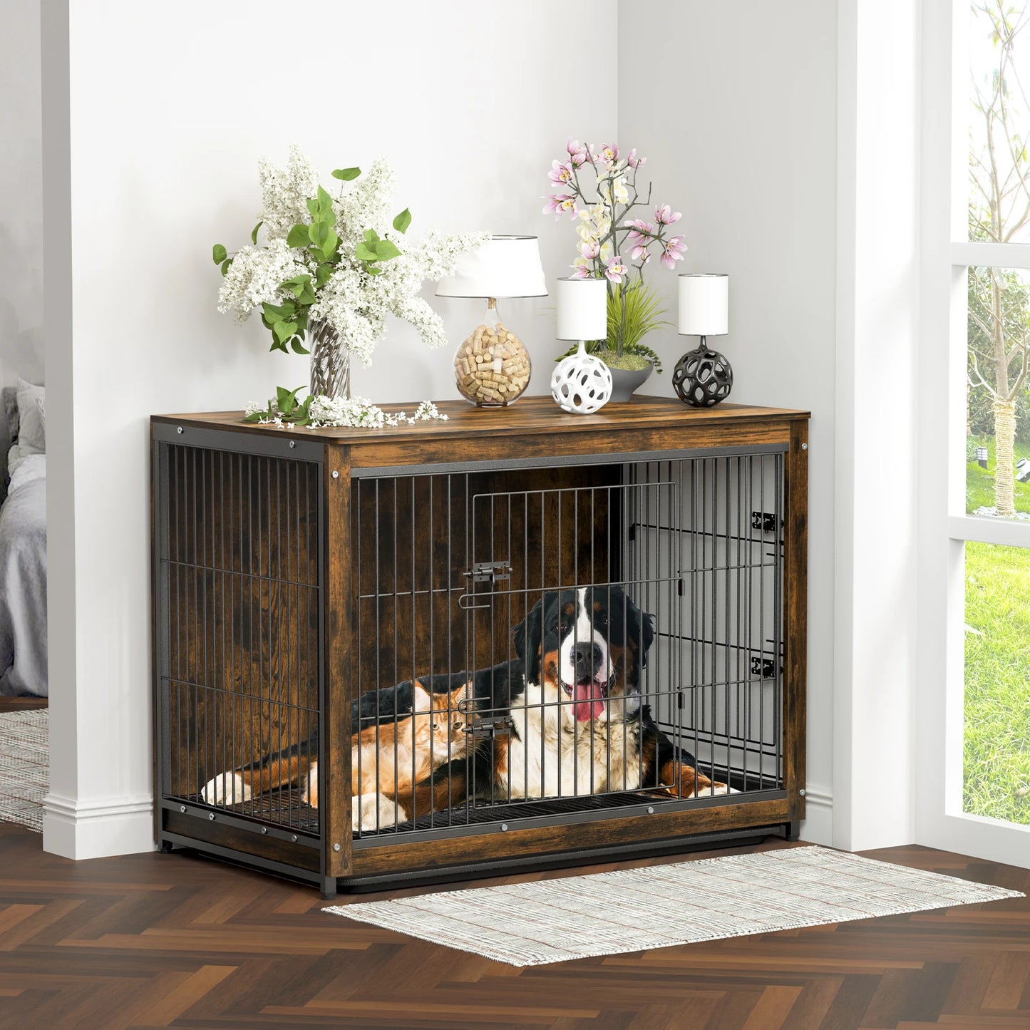 Large Elevated Dog Crate Wooden Dog Kennel Cage Pet House End Table with Double Door and Removable Tray Rustic Furniture Indoor