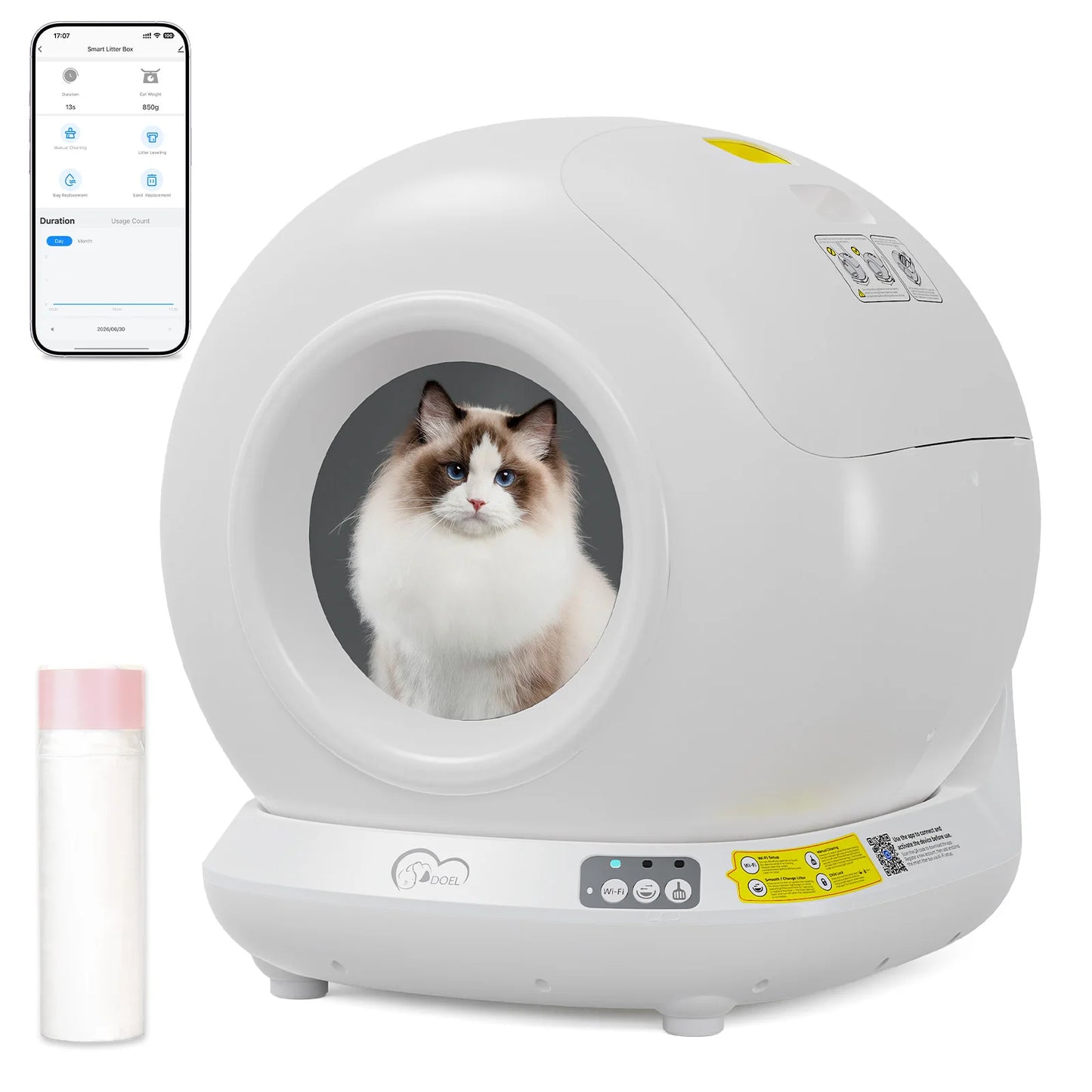 DOEL Smart Self-Cleaning Cat Litter Box With App Control, Only Supports 2.4G WiFi, 78L Capacity,Includes Trash Bags, 4 Set Of Gravity Sensors For Cat Safety Compatible With Tofu & Mixed Litters, Automatic Cat Litter Box