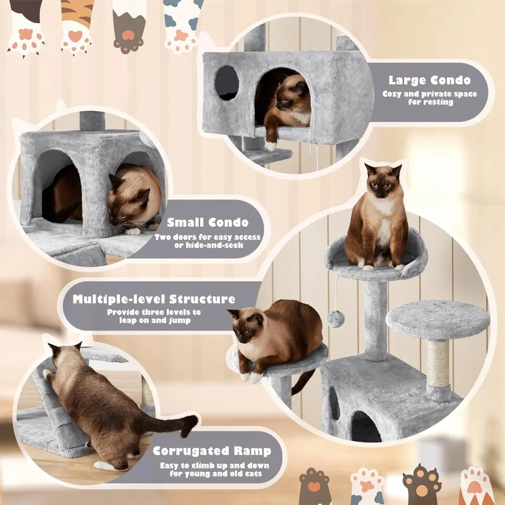 Cat Tree Cat Tower w/Scratching Posts, Double Condos and Dangling Balls Kittens Pet House Play, Light Gray