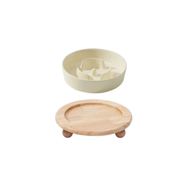 Small Dog Slow Feed Bowl Elevated Cat Drinking Eating Ceramic Bowls with Wooden Stand Pet Anti-Gulping Feeding Food Water Plate