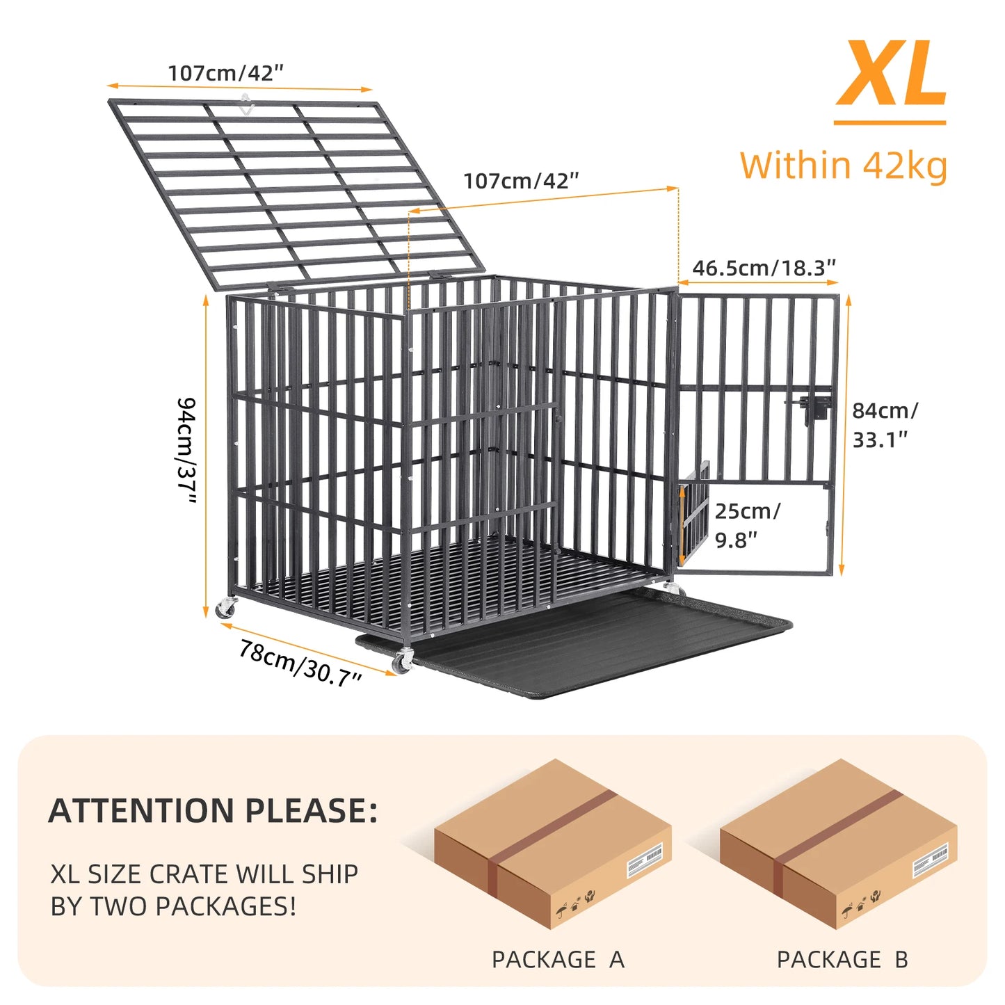 Large Heavy Duty Dog Crate with 4 Lockable Wheels 3 Doors and Tray Metal Pet Kennels Cage Playpen for Medium Large Dogs