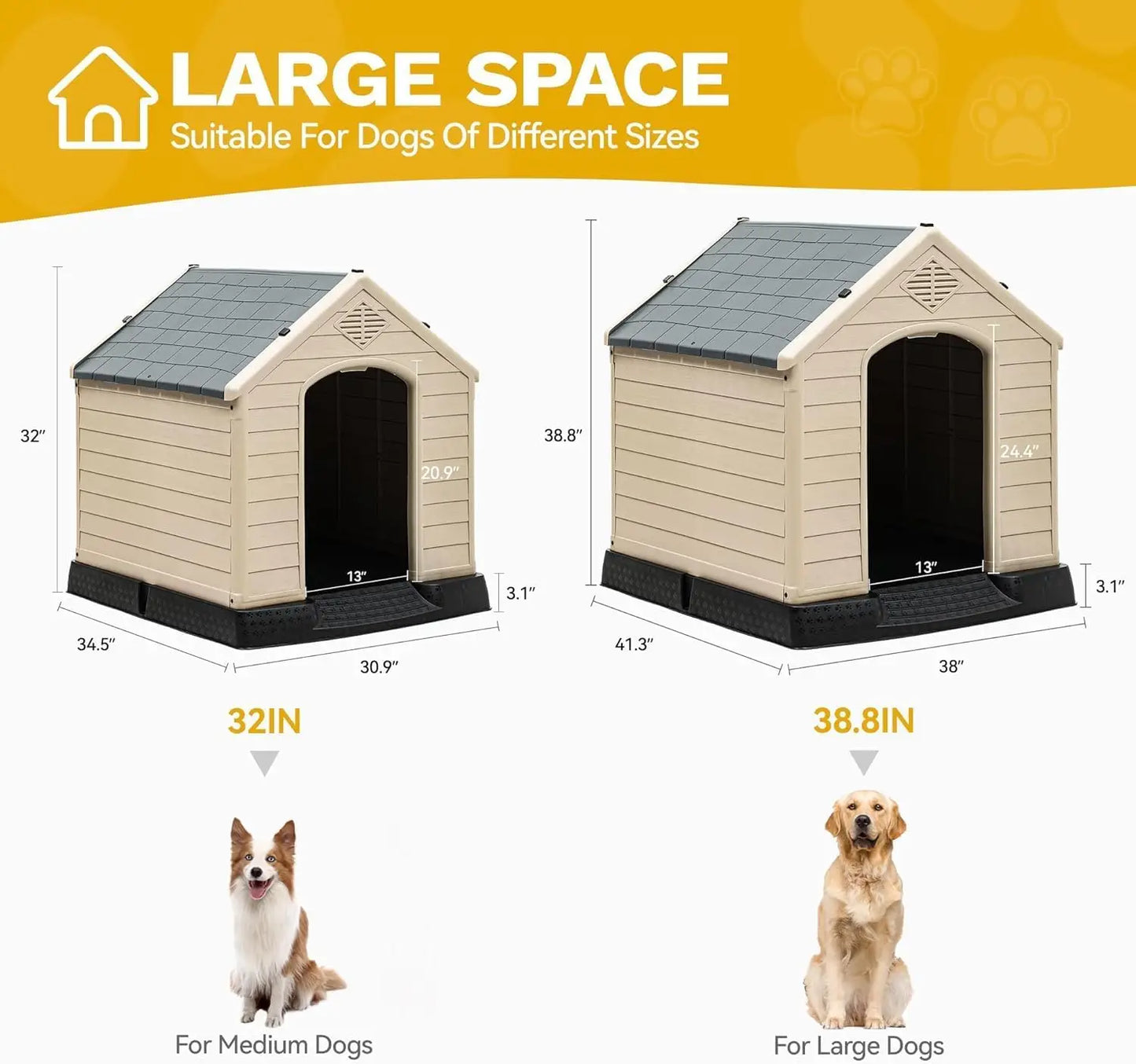 Plastic Dog House, Weatherproof Outdoor/Indoor Doghouse, Puppy Kennel with Air Vents and Elevated Floor