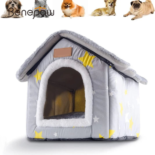 Benepaw Portable Medium Small Dog House Winter Warm Cushioned Pillow Pet Bed Nest Washable Removable Puppy Cat Kennel Foldable