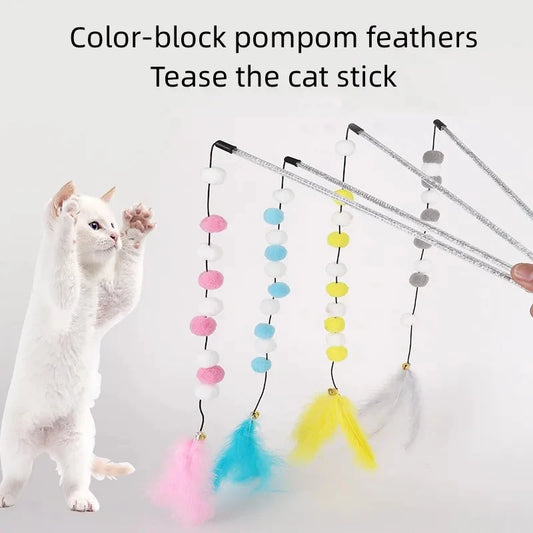Interactive Cat Toy Pompom Feather Wand Teaser Stick for Indoor Cats Kitten Play Exercise
