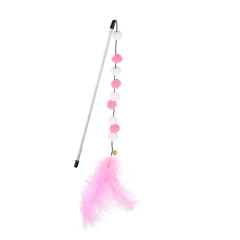 Interactive Cat Toy Pompom Feather Wand Teaser Stick for Indoor Cats Kitten Play Exercise
