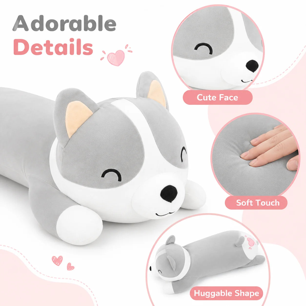 Wholesale 24''/39'' Grey Corgi Plush Pillow Laying Down, Bulk Stuffed Dog with Sassy Face, Soft Kawaii Long Cushion, 2/3/5 Packs for Resellers