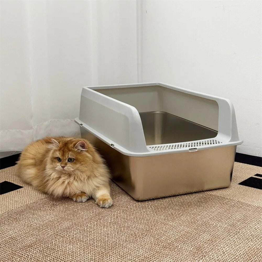 Stainless Steel Cat Litter Box Semi Open High Sided Cat Litter Pan Easy Clean