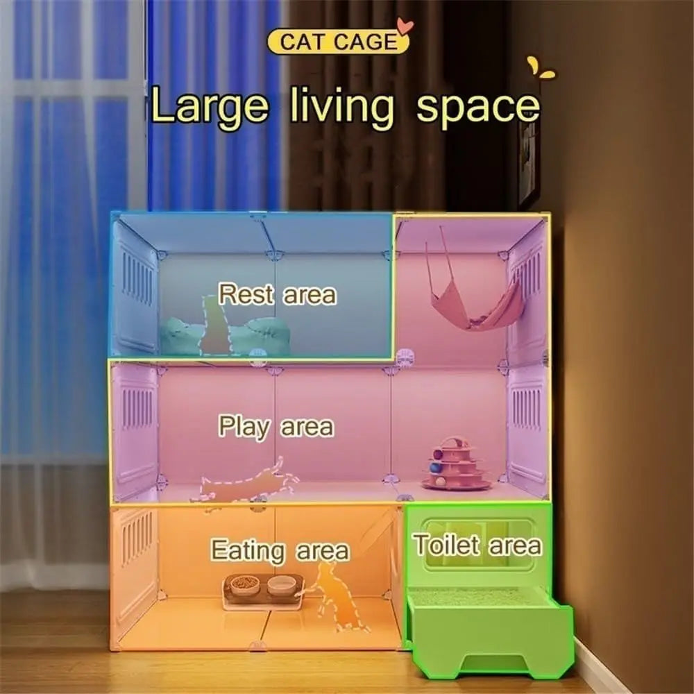 Large Cat Cage Indoor, Cute Cat House with Cat Litter Box, PE Cat Enclosures Indoor with Transparent Door, Pet Cage with Toilet(