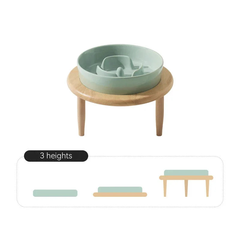 Small Dog Slow Feed Bowl Elevated Cat Drinking Eating Ceramic Bowls with Wooden Stand Pet Anti-Gulping Feeding Food Water Plate