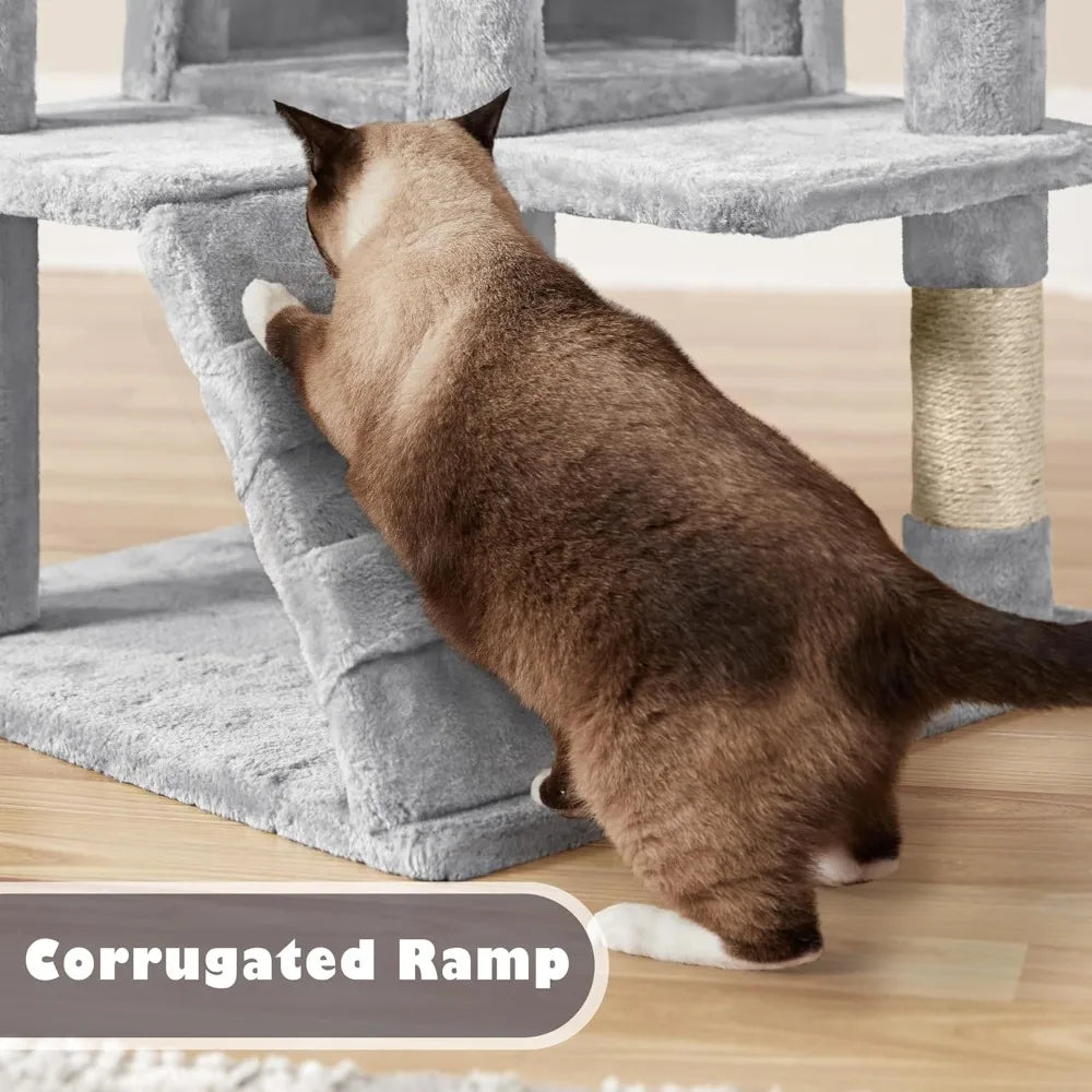 Cat Tree Cat Tower w/Scratching Posts, Double Condos and Dangling Balls Kittens Pet House Play, Light Gray