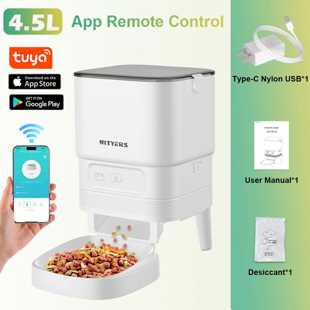 NITYERS 4.5L Smart Automatic Cat Feeder, Tuya App Remote Control Timed Pet Feeder for Cats & Dogs, 2.4G WiFi Dispenser with 10s Voice Recorder, Dual Power & Stainless Steel Bowl