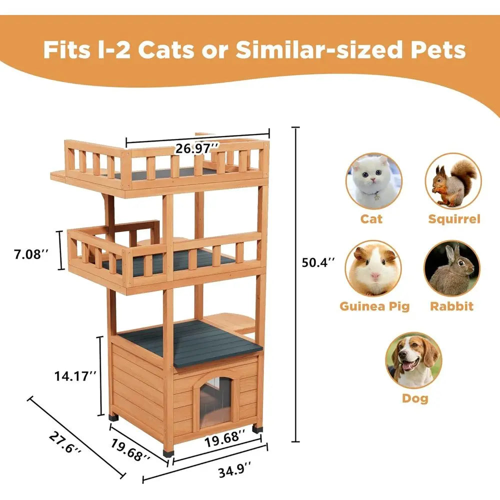 Multi-Tier Outside Cat Tree Tower Weatherproo with Enclosed Condo & Jumping Platorms, Wooden Cat House eral Cat Shelter or Multi