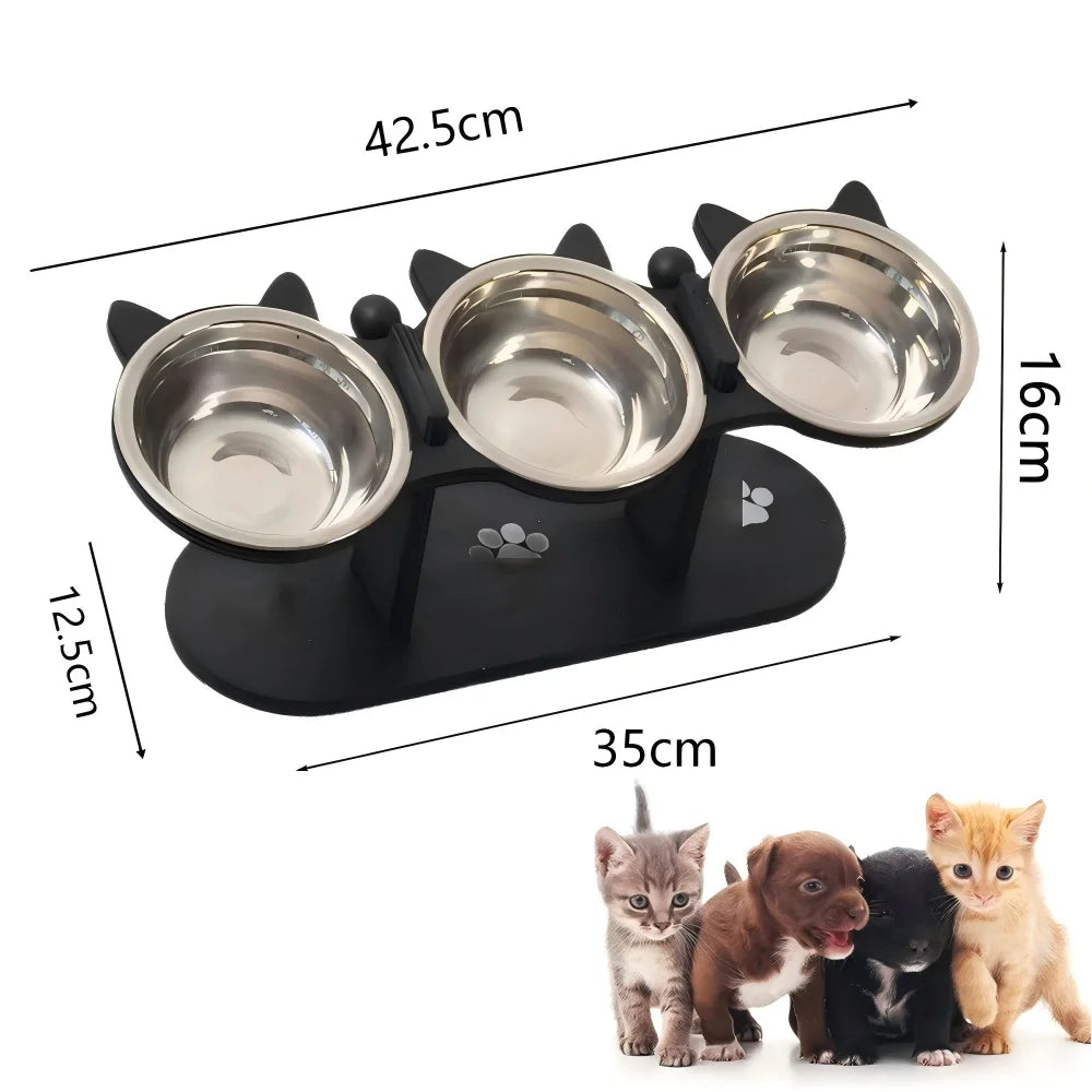 Elevated Cat Food Bowl with Black Wooden Support Frame Stainless Steel Cats Bowls 15° Stand Sloped Feeding & Watering Supplies