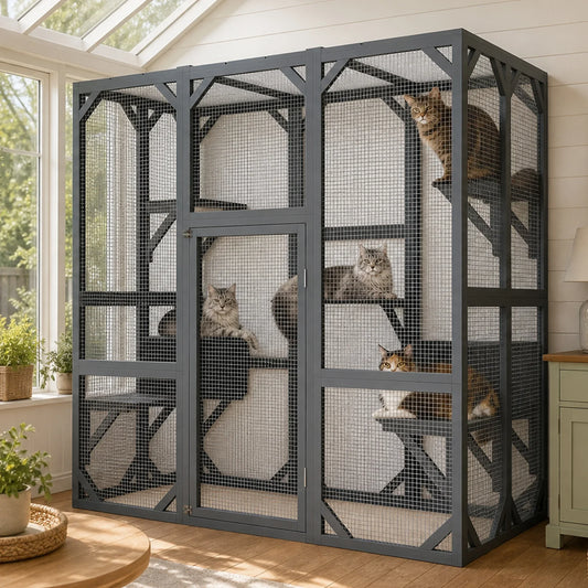Large Wooden Catio Outdoor Cat Enclosure  Walk-in Cat House with Platforms & Rest Box  Weatherproof Cat Cage for Multiple Cats