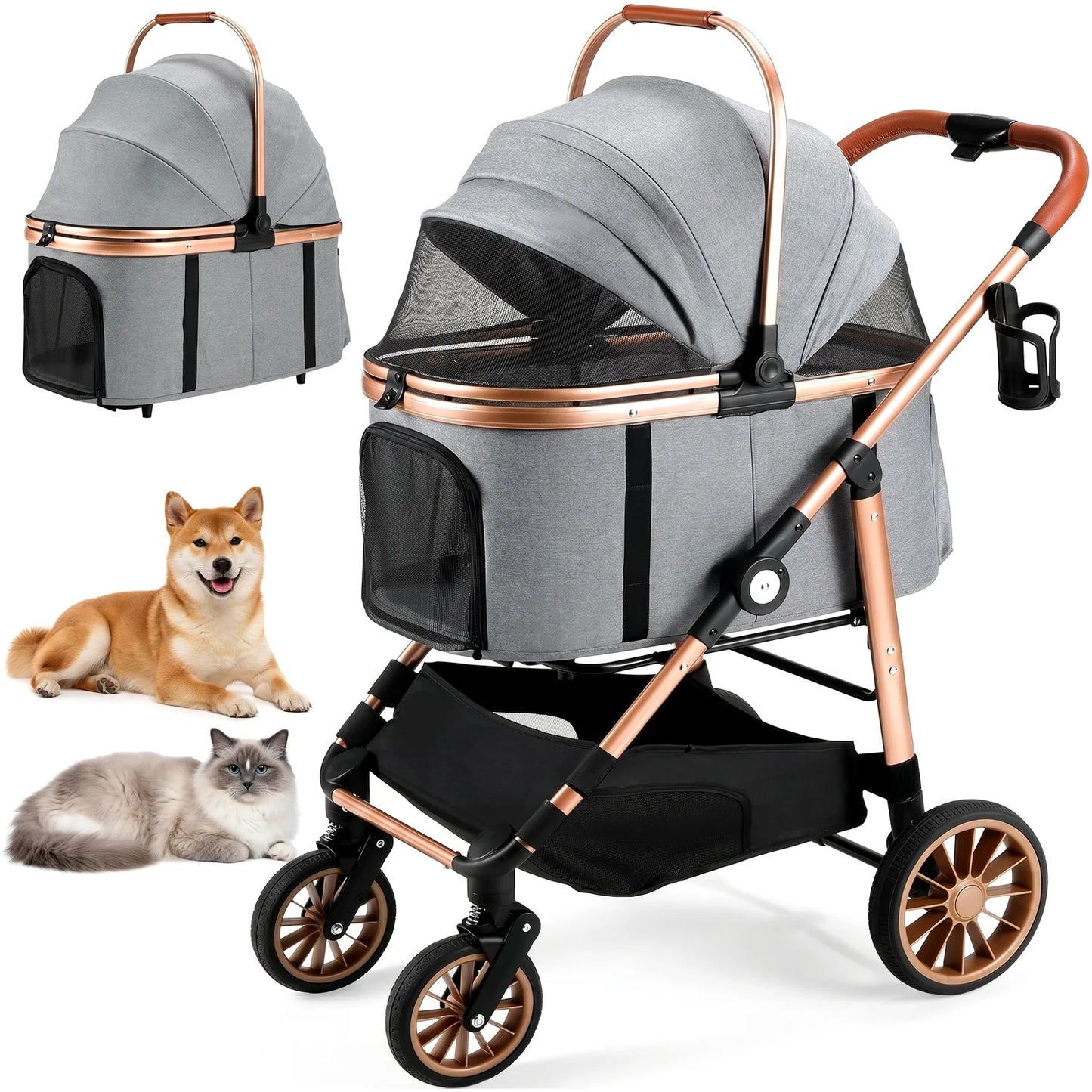 Foldable Pet Stroller for Medium Dog Cat Up to 55 lbs,All-Terrain 3-in-1 Dog Stroller with Carrier,Storage Basket,Cup Holder