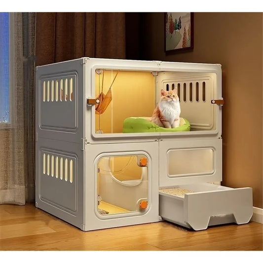 Large Cat Cage Indoor, Cute Cat House with Cat Litter Box, PE Cat Enclosures Indoor with Transparent Door, Pet Cage with Toilet(