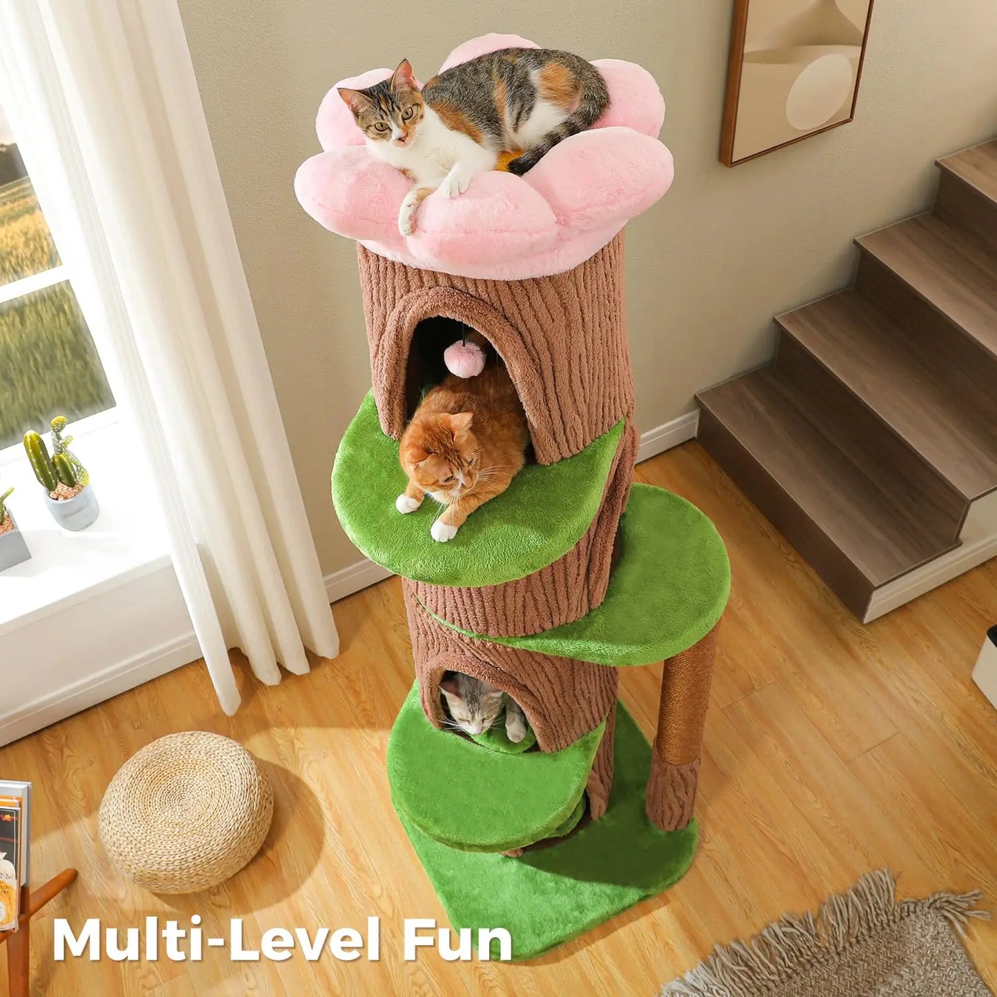 68.5" Cat Tree Tower with 4 Condos & Flower Top Bed, 3.8in Sisal Post, Heavy Duty, Multi-cat, Brown, Customized