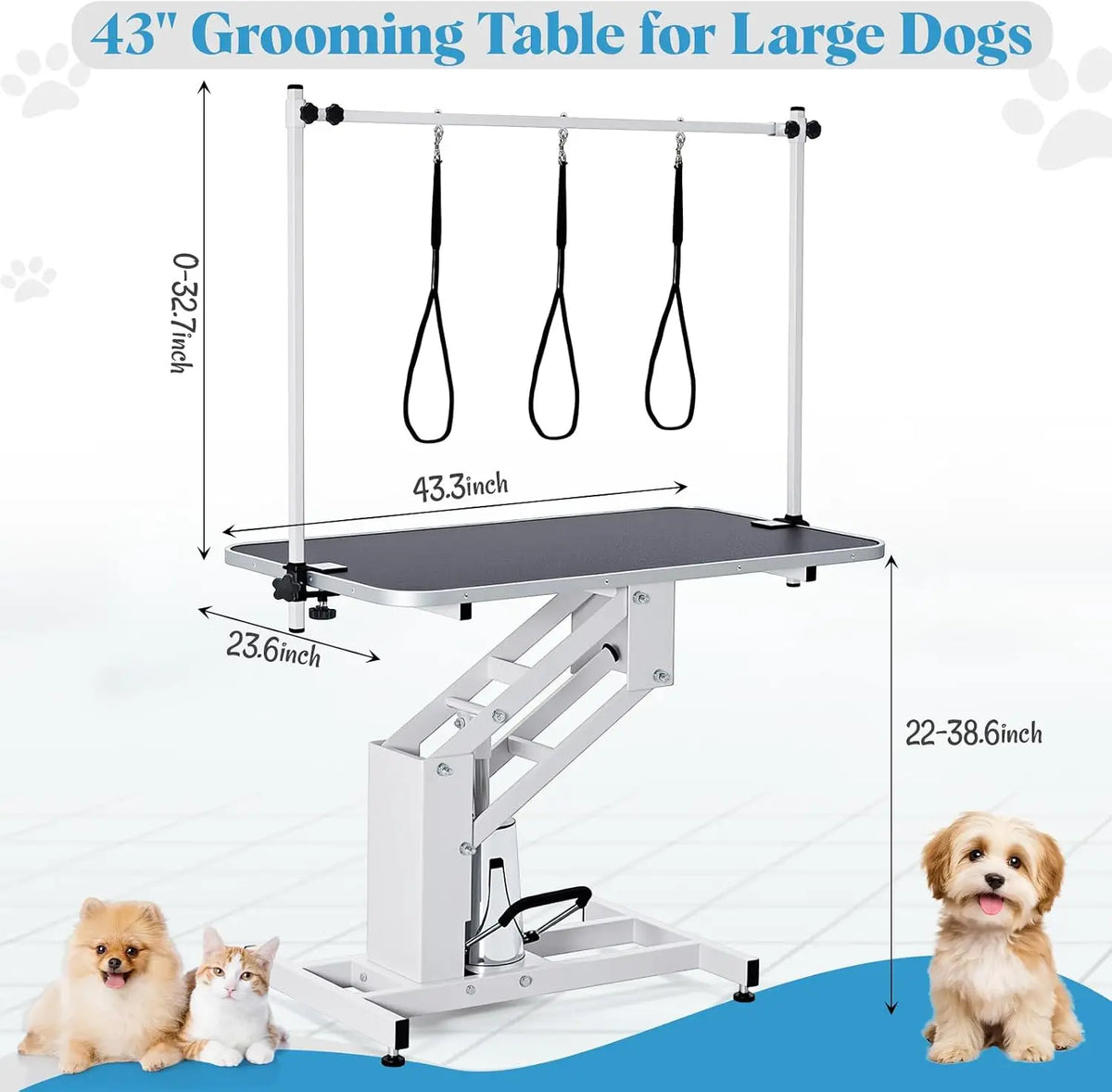 Tacleekii  43.3 in Professional Hydraulic Pet Grooming Table | 350 lbs Max Load, 3 Adjustable Nooses, Height Adjustable 22–39 in