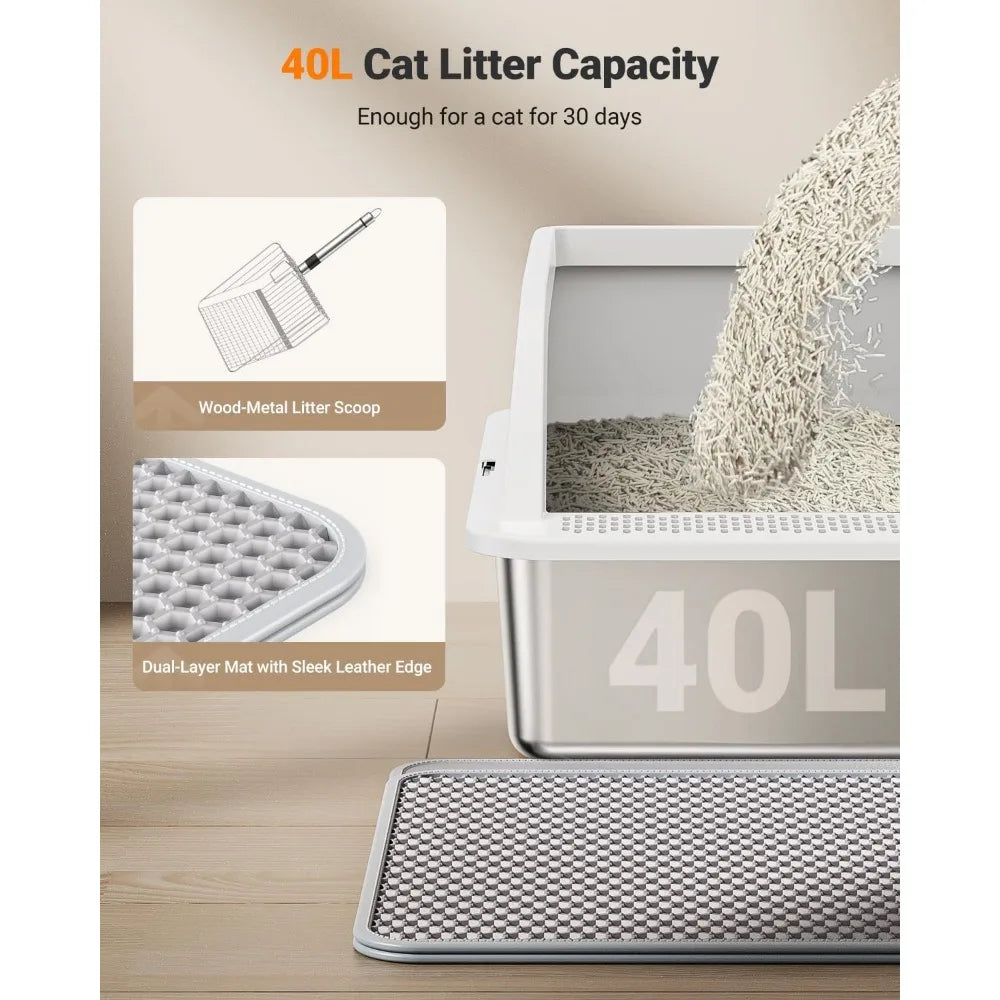Extra Large High Sided Metal Litter Box with Lid Easy Clean Mat and Scoop for Big Cats Anti Leak White