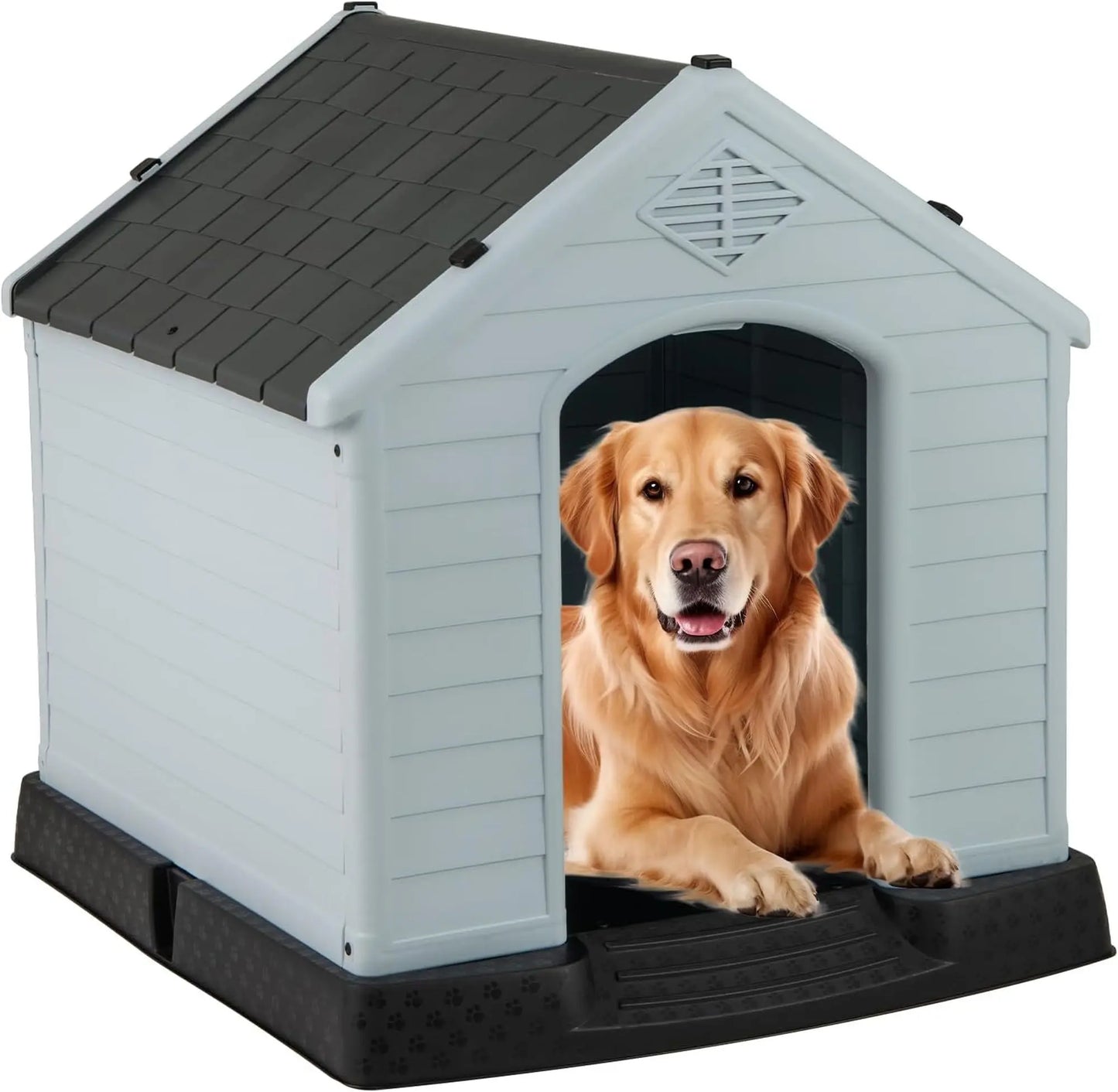 Plastic Dog House Outdoor, Waterproof Indoor Pet House for Small/Medium Pet with Sloping Roof, Air Vents and Elevated Base,
