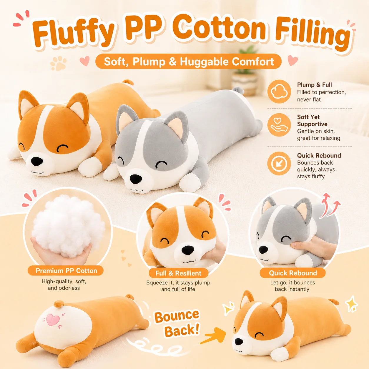 Wholesale 24''/39'' Grey Corgi Plush Pillow Laying Down, Bulk Stuffed Dog with Sassy Face, Soft Kawaii Long Cushion, 2/3/5 Packs for Resellers