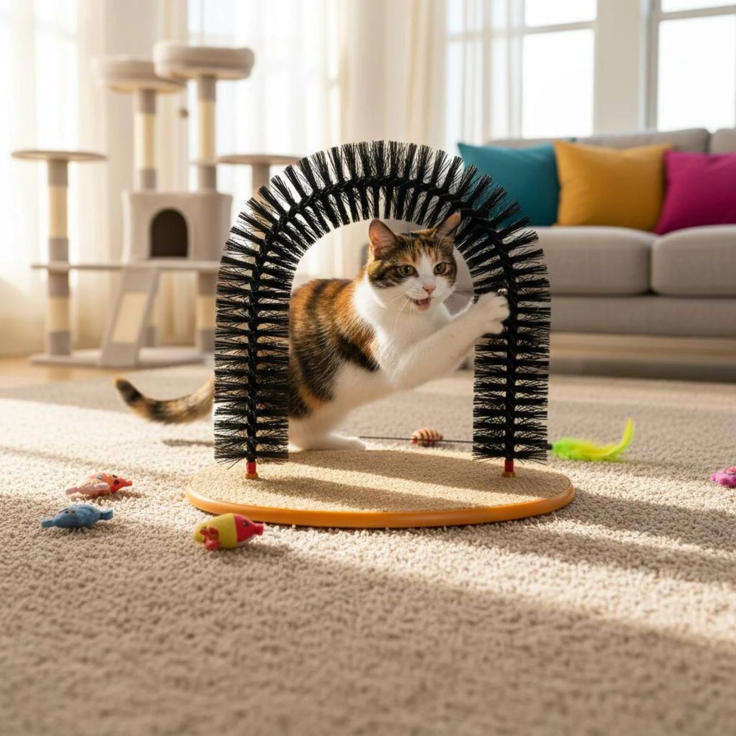 Feline Arch Scratcher Dense Bristles Feline Grooming Arch Bristle Scratcher Orange-Edged Rim Pet Accessory 3 in 1