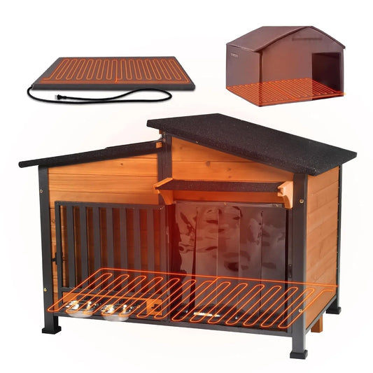 39.7" L Heated Dog House Outdoor Insulated Winter Dog Kennel with Thermostat-Controlled Heating Pad, Chew-Proof Metal Frame and