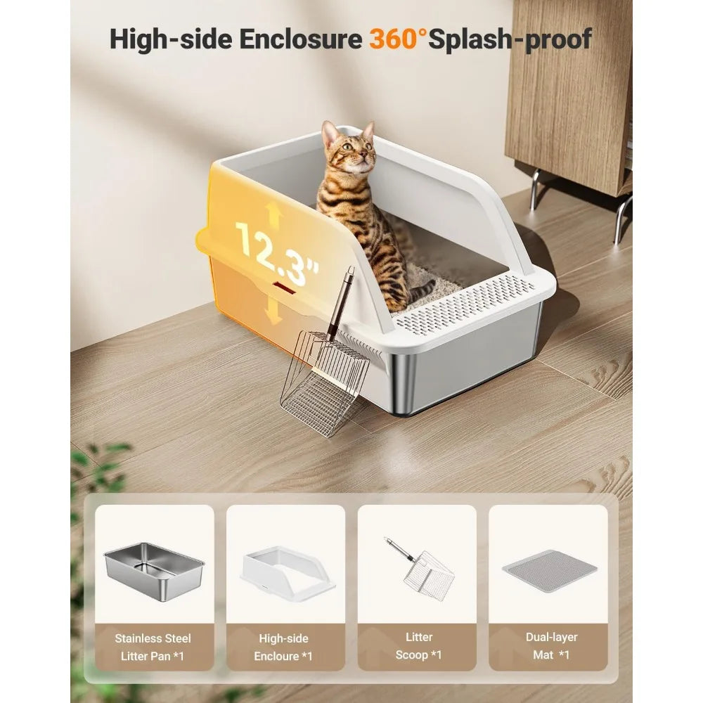 Extra Large High Sided Metal Litter Box with Lid Easy Clean Mat and Scoop for Big Cats Anti Leak White