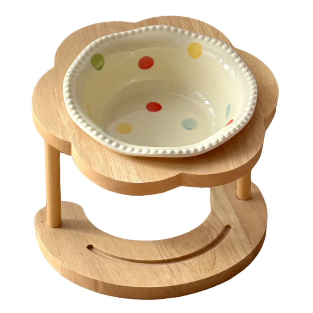 Anti Vomiting Ceramic Cat Bowl 15 Degree Inclined Anti Slip Cat Feeding Station Flower Shaped with Wooden Stand