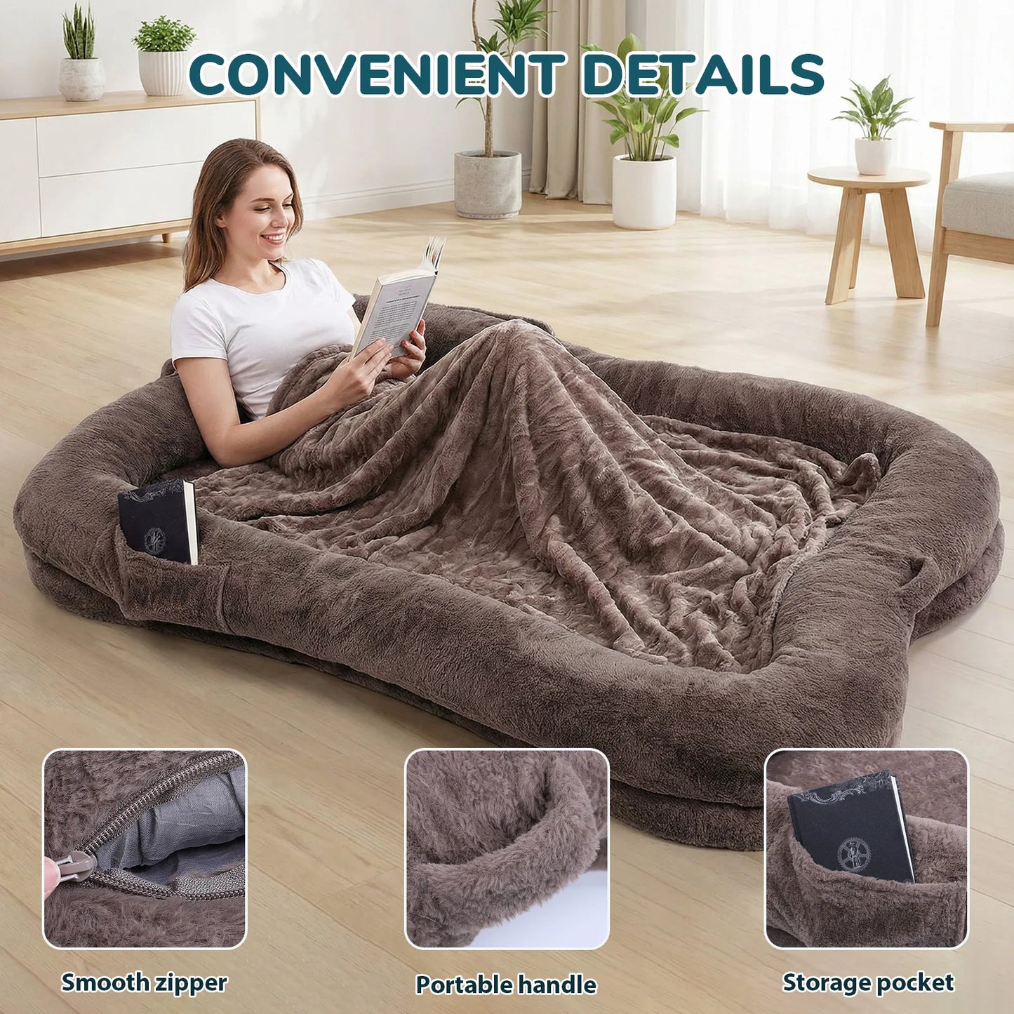 Portable Human Dog Bed Washable Large Size Non Slip Bottom Comfortable Plush Giant Size Dog Bed with Blanket and Pocket for Home