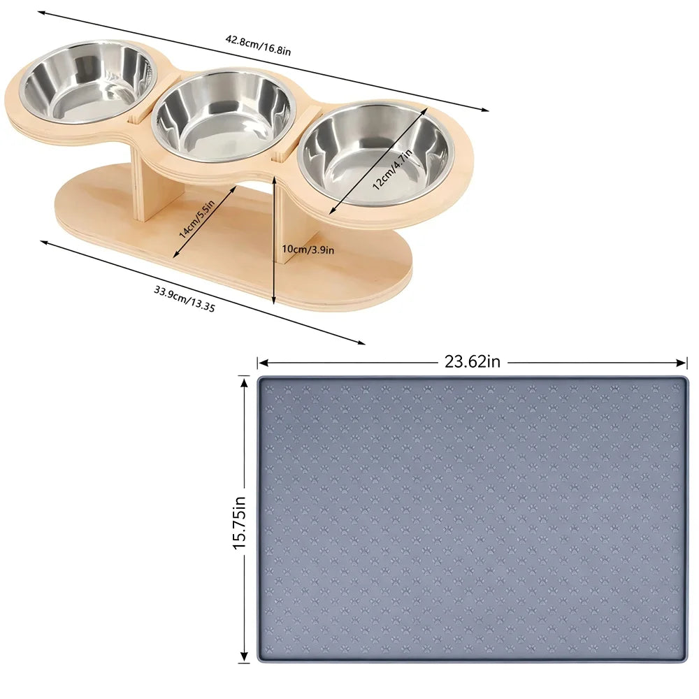 Cat 3 Bowls in 1 Raised Feeder with Silicone Food Mat 15-Degree Tilt Elevated Wood Stand 3 Stainless Steel Bowls Puppy Cat Feeding Watering Supplies