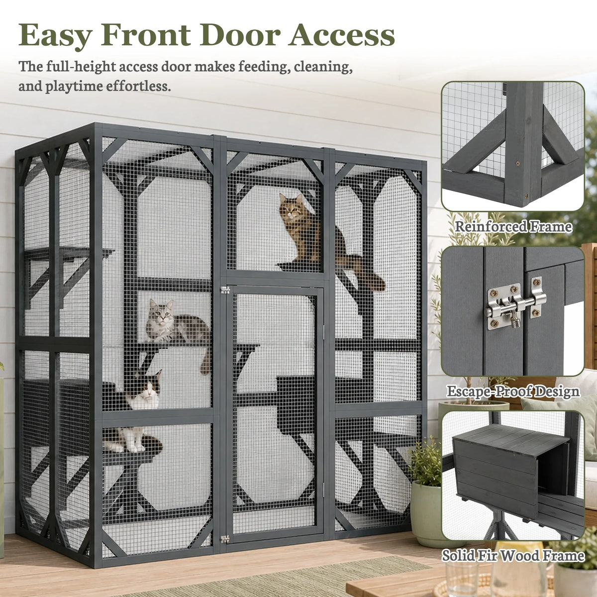 Large Wooden Catio Outdoor Cat Enclosure  Walk-in Cat House with Platforms & Rest Box  Weatherproof Cat Cage for Multiple Cats