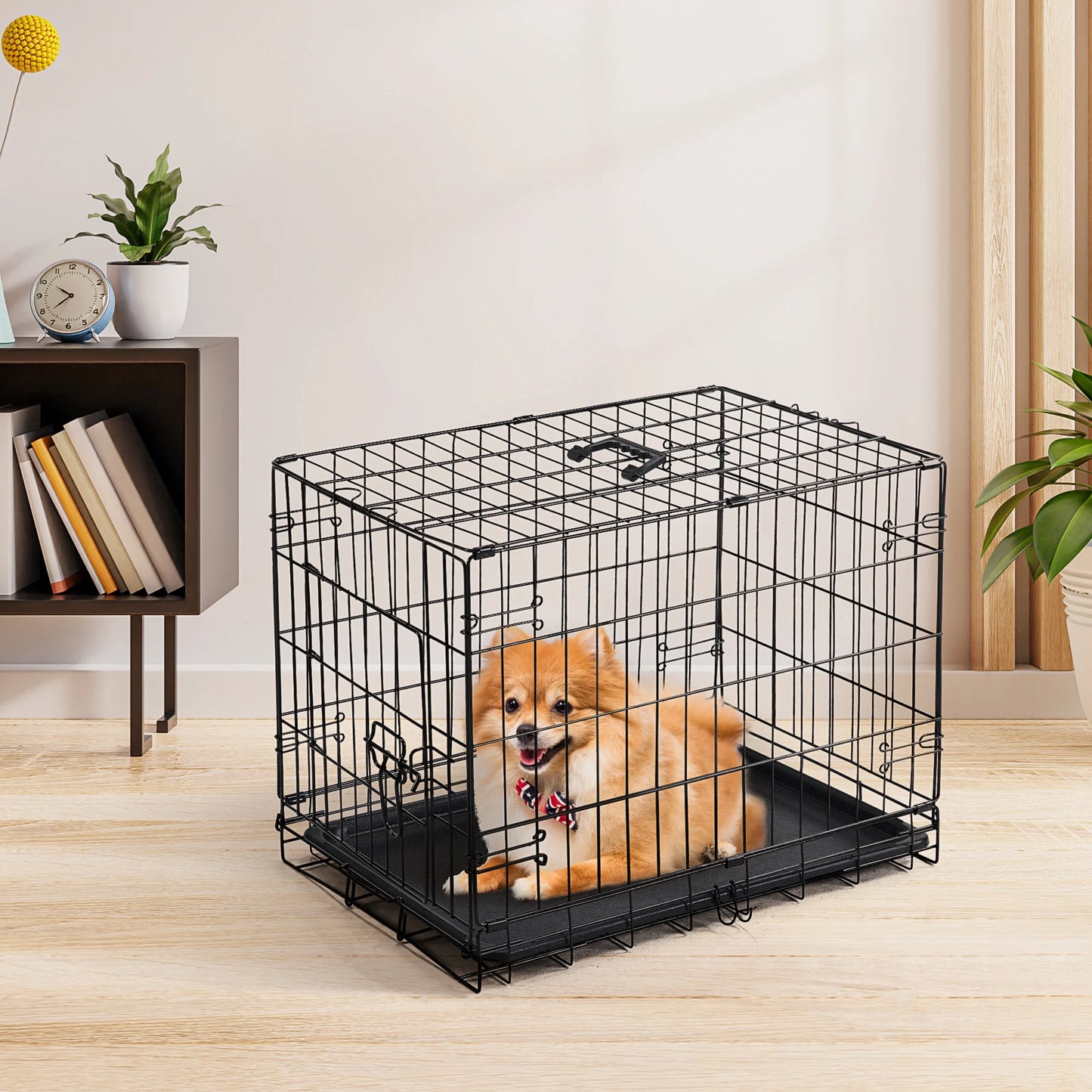 JHK Single Door 30 Inch Folding Metal Wire Dog Cage with Plastic Leak-Proof Pan Tray Extra Large Pet Kennel for Indoor Outdoor