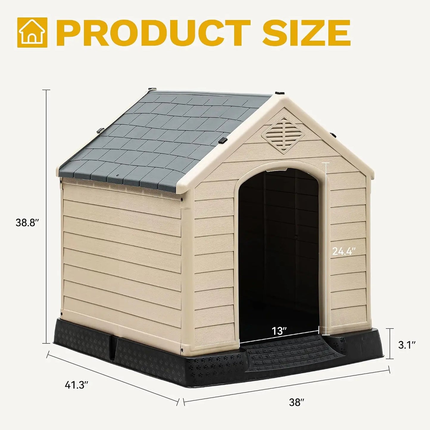 Plastic Dog House, Weatherproof Outdoor/Indoor Doghouse, Puppy Kennel with Air Vents and Elevated Floor